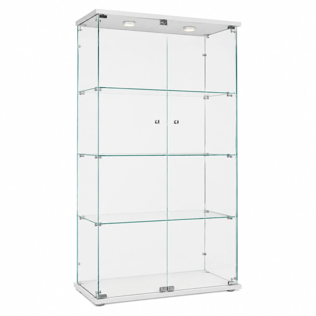 Moderne Glasvitrine mit LED-Beleuchtung, 4 Ebenen, 2 Türen, Weiß