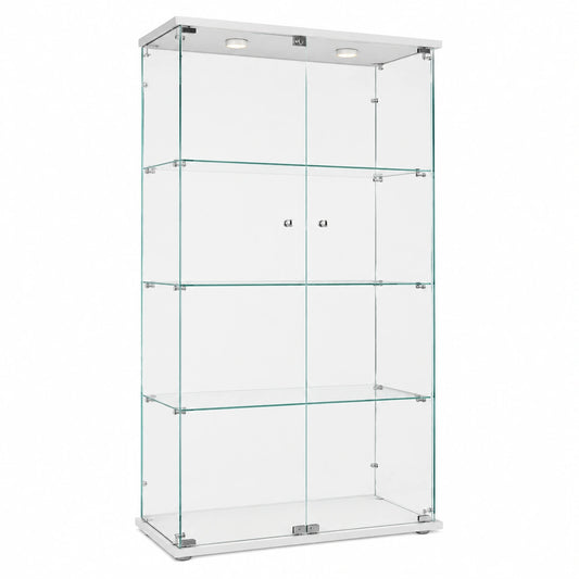 Moderne Glasvitrine mit LED-Beleuchtung, 4 Ebenen, 2 Türen, Weiß