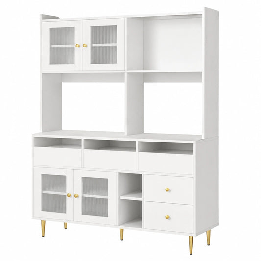 Hochschrank mit Glasfront und Schubladen, 145x39x171cm Weiß, Küchen- und Wohnzimmerkommode