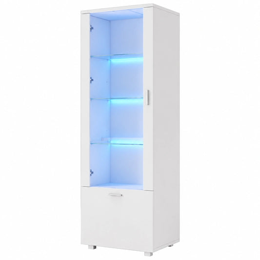 Eleganter Merax Vitrinenschrank mit LED-Beleuchtung, Hochglanz Glasvitrine für Sammlerstücke, moderner Schrank mit Glastüren und Schublade, 50x40x160cm, Weiß