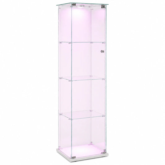 LED-beleuchteter Glasvitrinenschrank mit Schloss, staubdichte Präsentationsvitrine für Sammlerstücke, Glasschrank für Wohn- und Schlafzimmer, Büro (Weiß, 1 Tür, 4 Ebenen)
