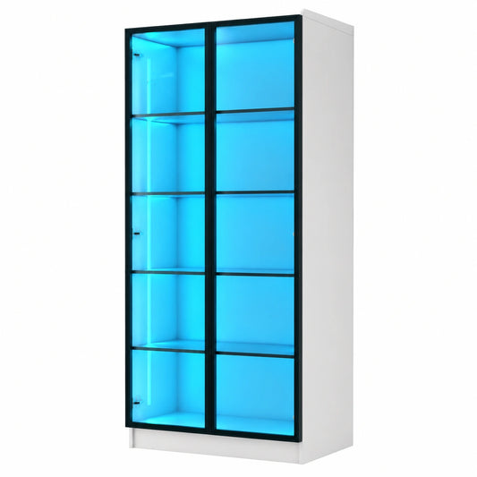 Led Vitrine Buffetschrank mit RGB-Beleuchtung, 35x70x165 cm, Smart-Sideboard mit 20 Farben und Sensorik, Vorratsschrank für Wohnzimmer, Grau