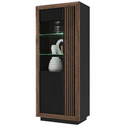 Moderne Savona Vitrine in Schwarz und Eiche mit Tür, Hochglanz-Finish
