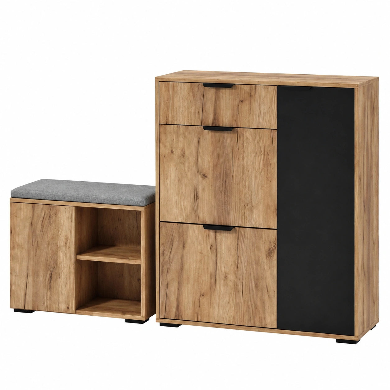 Merax Garderobenset im Flur mit Spiegel und Schuhschrank, Naturholz und Schwarz, inkl. Haken, Schublade und Schuhbank