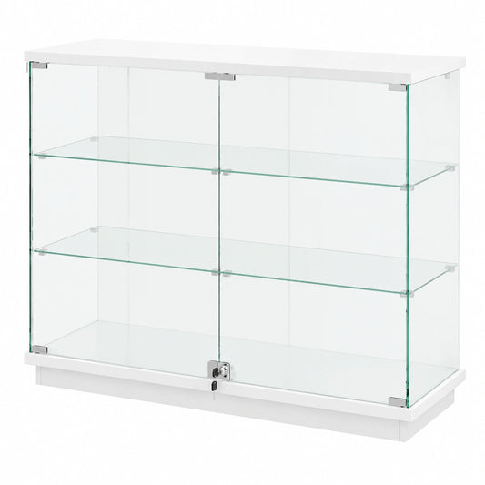 Gurexl Hochglanz-Glastvitrine mit LED-Beleuchtung und Sensor, abschließbare Türen, 5-stöckiger Sammlerschrank, USB-Anschluss, Weiß