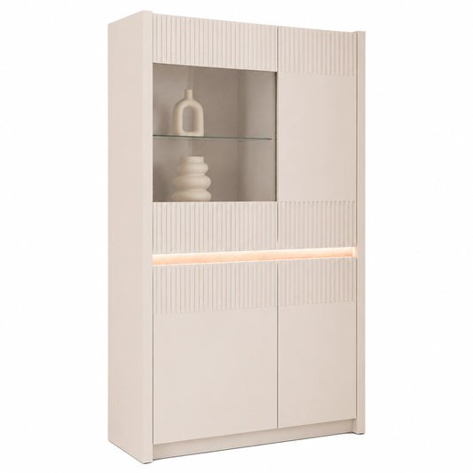 Elegante Vitrine aus Mauvella Eiche mit LED-Beleuchtung, 4 Türen, 95,3 x 146,7 x 41,5 cm