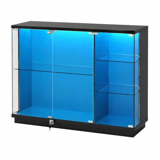Lvifur LED-Beleuchtete Glasvitrine mit Glastüren, Intelligente Sensoren, Staubdichter Holzschrank für Wohnzimmer, Schlafzimmer und Büro, Schwarz