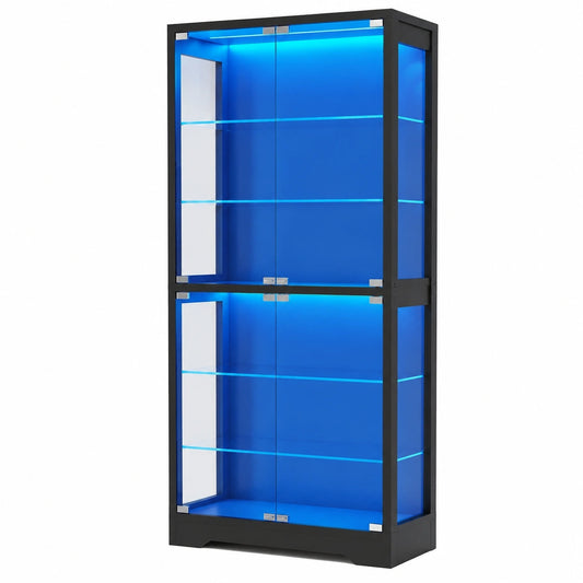 Glasvitrine mit Beleuchtung und Sensor, 180 cm, 6 Fachböden, Schwarz