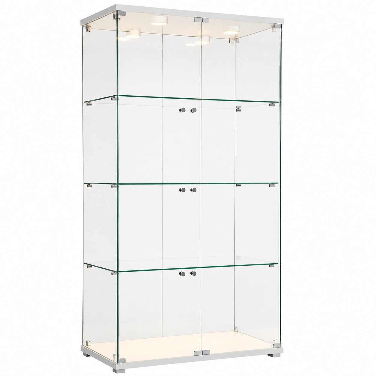 Glasvitrine mit LED-Beleuchtung, freistehend, 4 Ebenen, 2 Türen, gehärtetes Glas, ideal für Wohnzimmer, Schlafzimmer, Büro, 80 x 36 x 164 cm, weiße LEDs