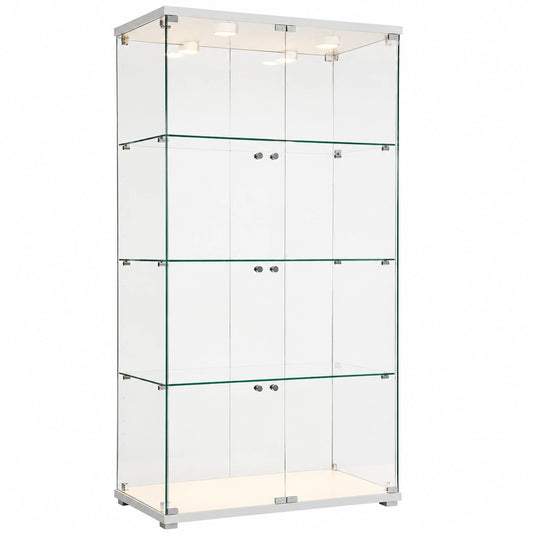 Glasvitrine mit LED-Beleuchtung, freistehend, 4 Ebenen, 2 Türen, gehärtetes Glas, ideal für Wohnzimmer, Schlafzimmer, Büro, 80 x 36 x 164 cm, weiße LEDs